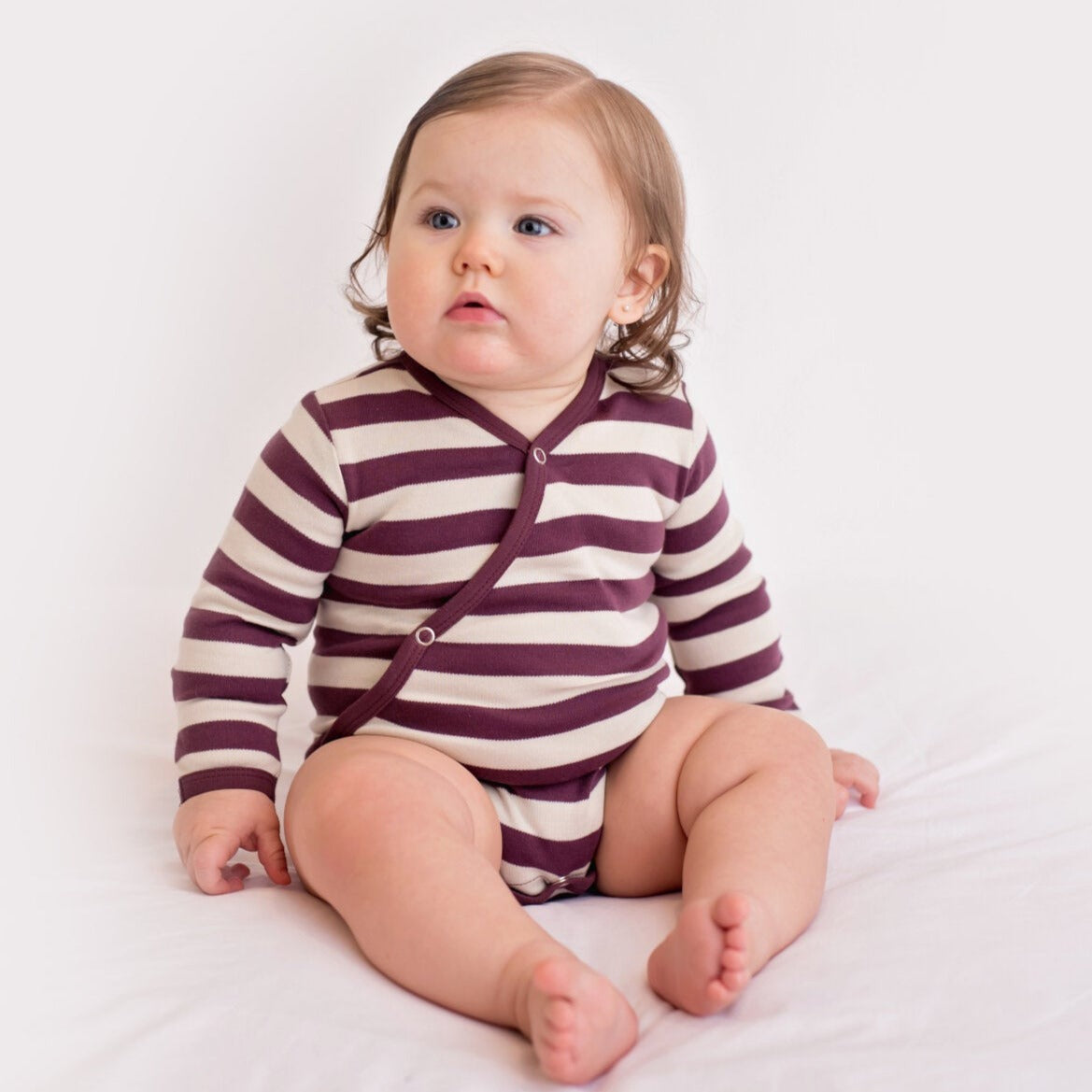 Eggplant/Stone Stripe - Organic Kimono Bodysuit