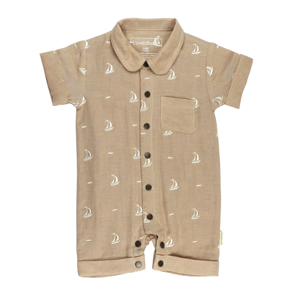 Oatmeal Sailboat - Organic Muslin S/Sleeve Coverall