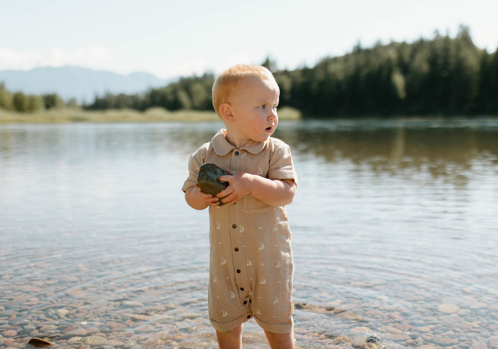 Oatmeal Sailboat - Organic Muslin S/Sleeve Coverall