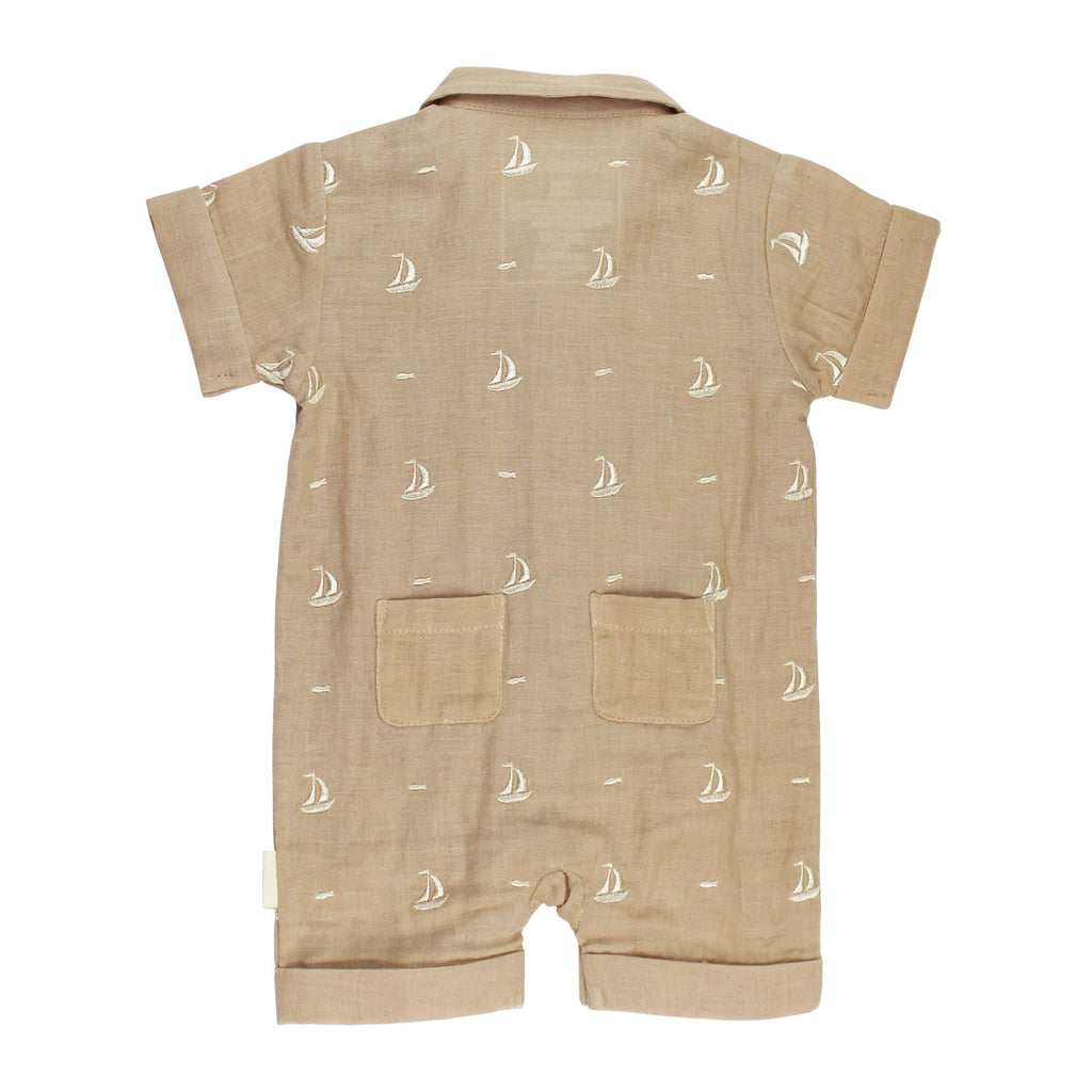 Oatmeal Sailboat - Organic Muslin S/Sleeve Coverall