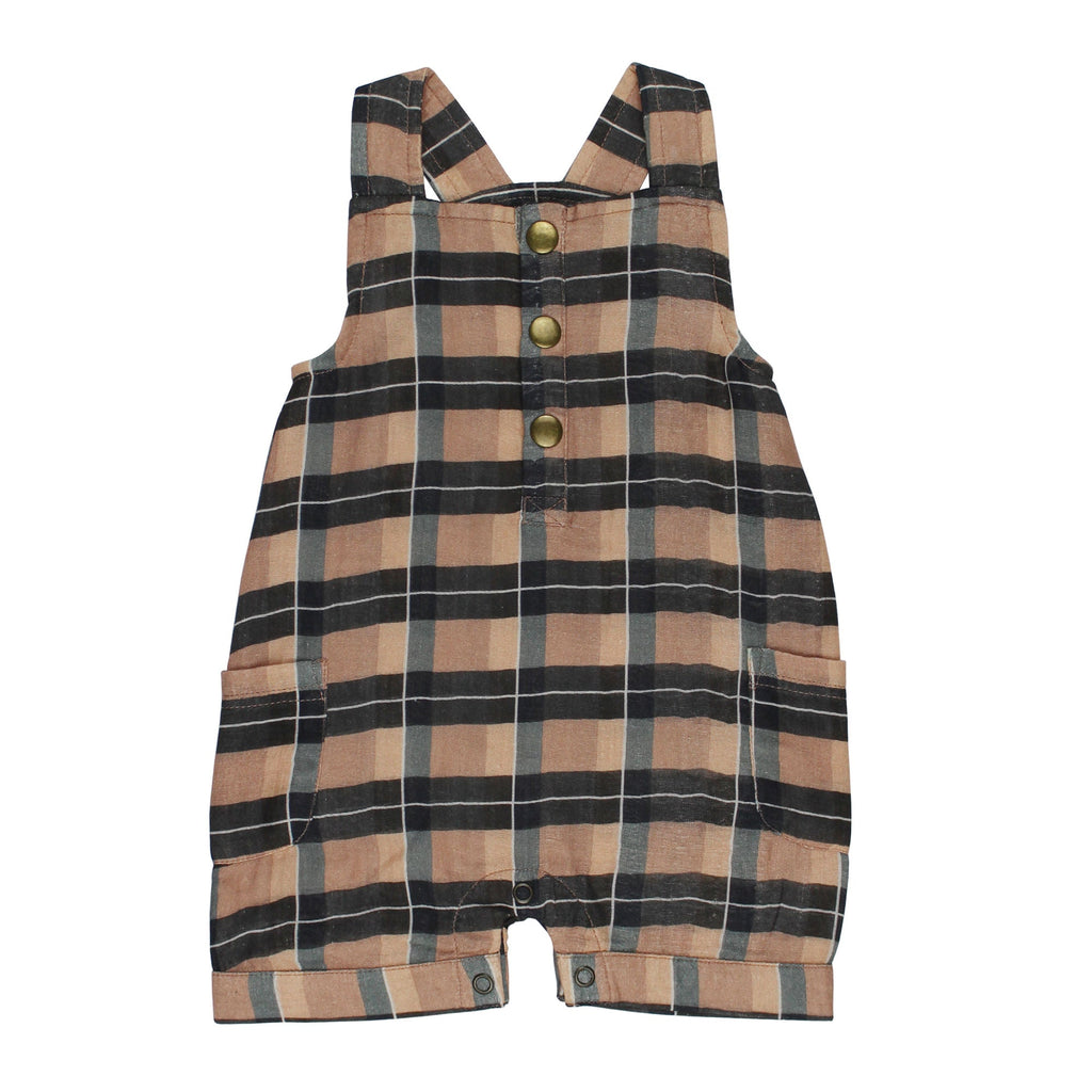 Adobe Chia Plaid - Organic Cuffed Muslin Overall