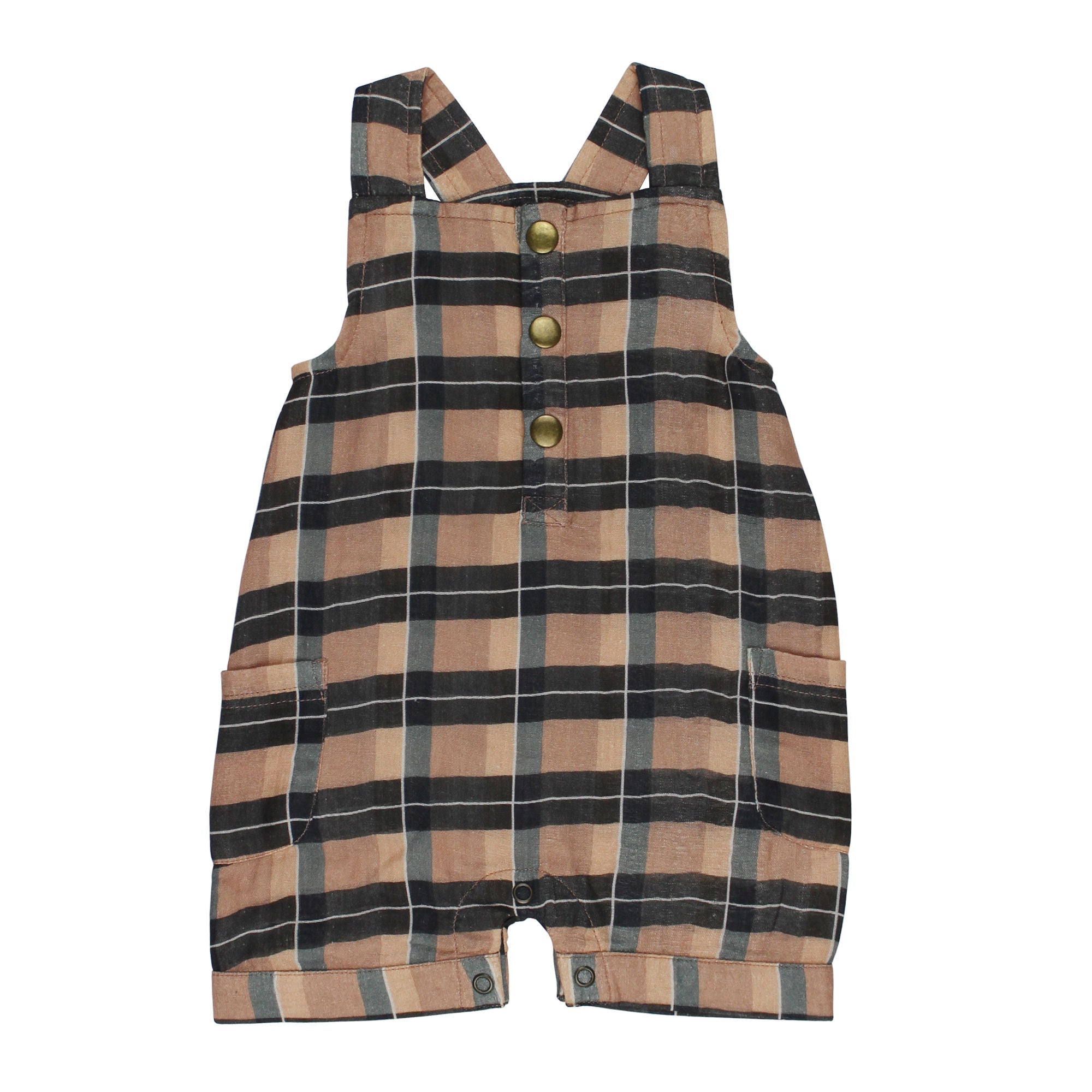 Adobe Chia Plaid - Organic Cuffed Muslin Overall