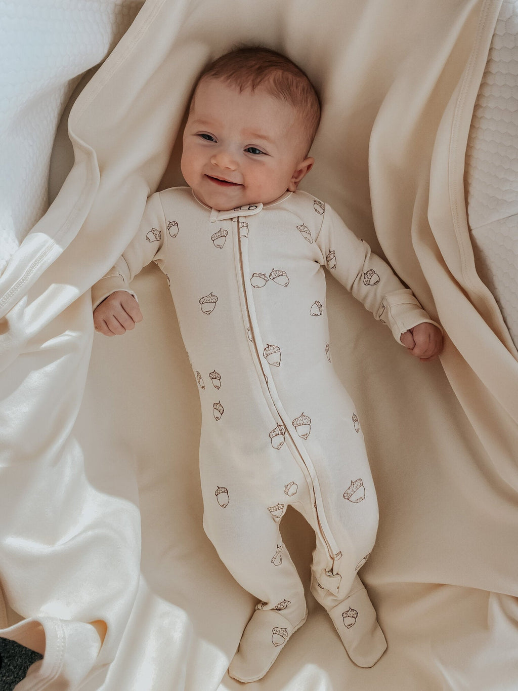 Buttercream Acorn - Organic Embroidered Zipper Footie