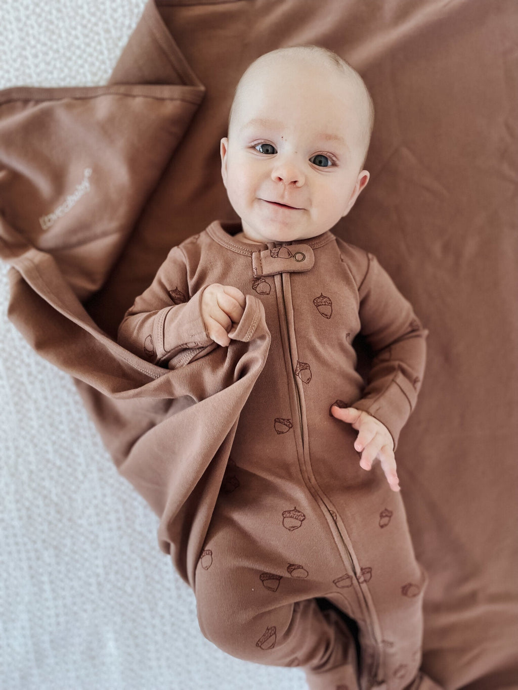 Latte Acorn - Organic Embroidered Zipper Footie