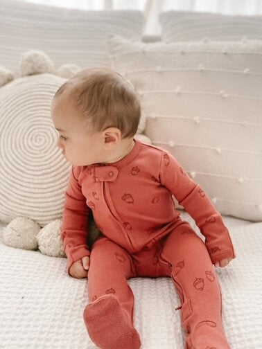 Spice Acorn - Organic Embroidered Zipper Footie