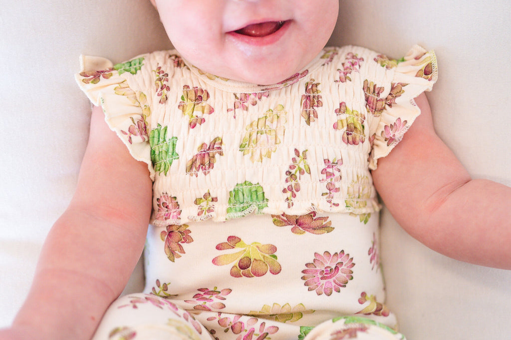 Buttercream Succulents - Organic Cross-Back Smocked Romper