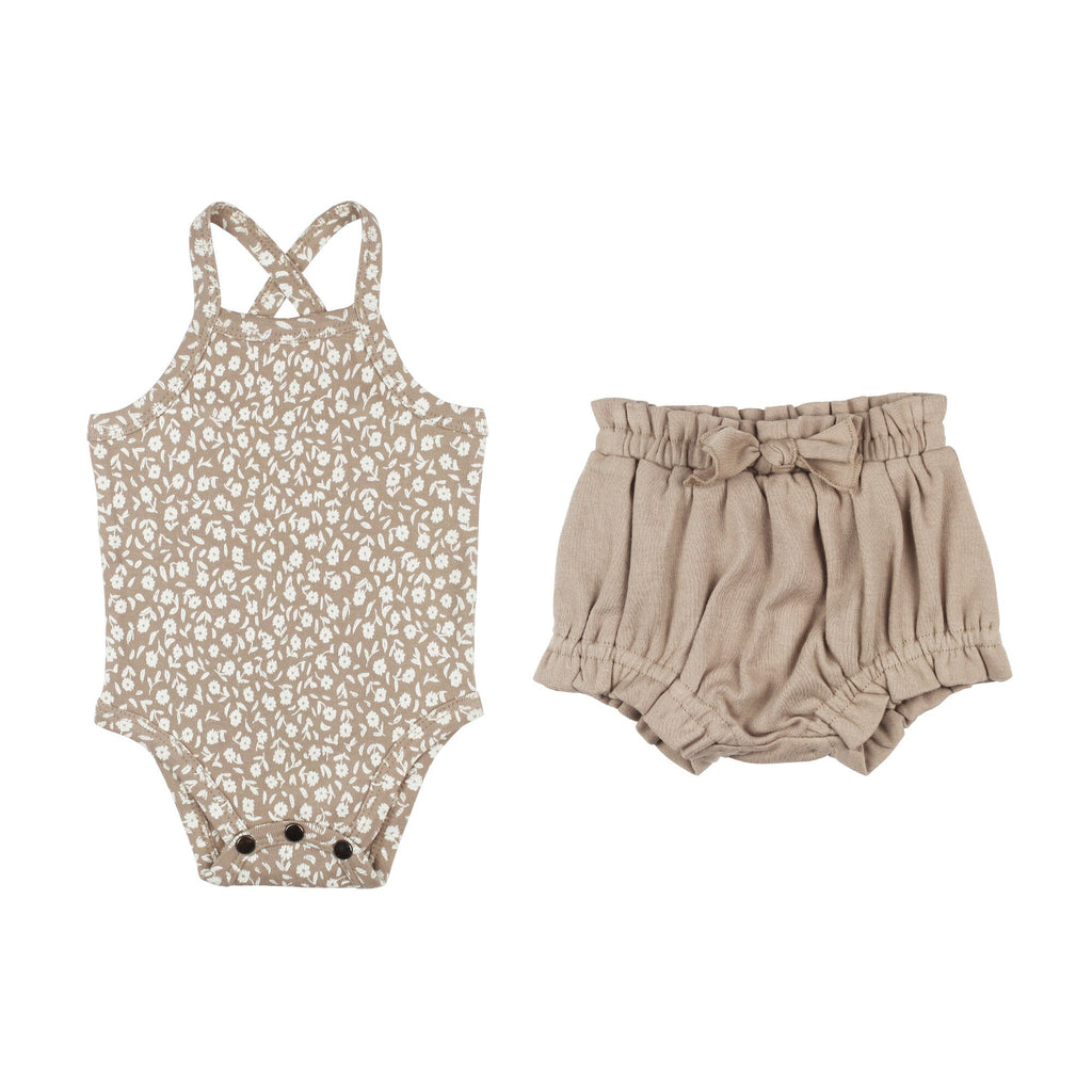 Oatmeal Ditsy Floral - Organic Criss-Cross Bodysuit and Ruffle Bloomer Set