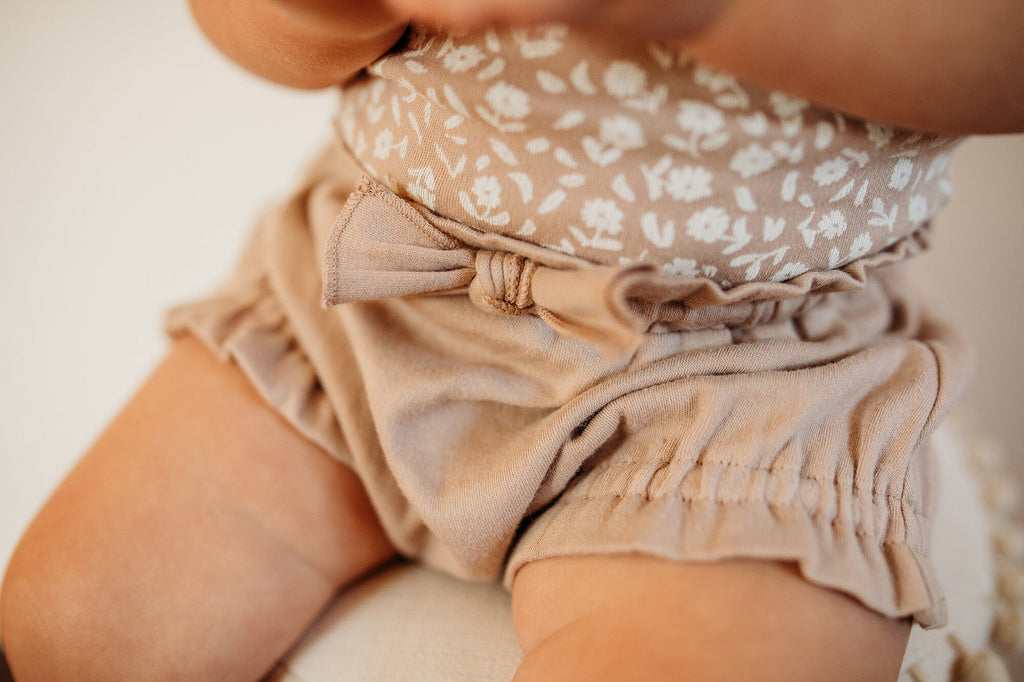 Oatmeal Ditsy Floral - Organic Criss-Cross Bodysuit and Ruffle Bloomer Set