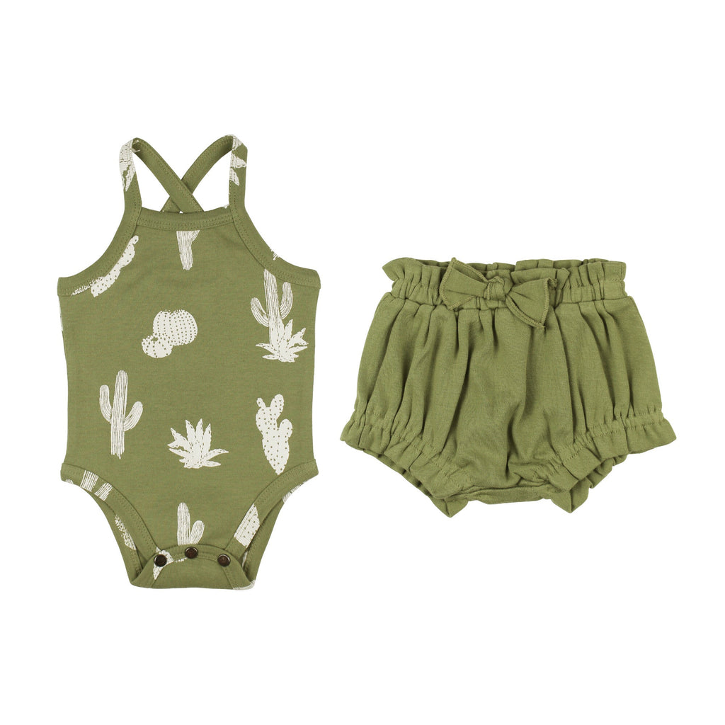 Sage Cactus - Organic Criss-Cross Bodysuit and Ruffle Bloomer Set