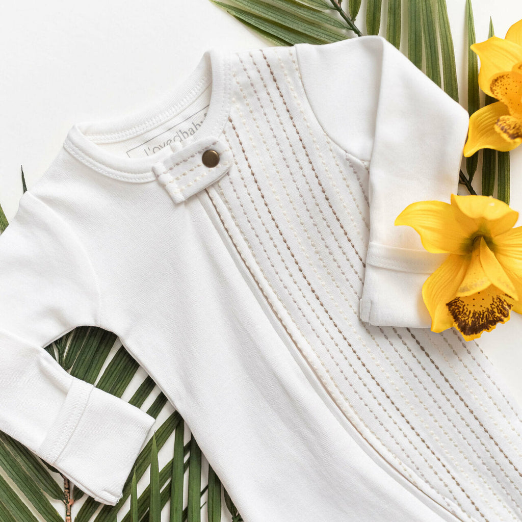 White Dash - Organic Embroidered Zipper Footie