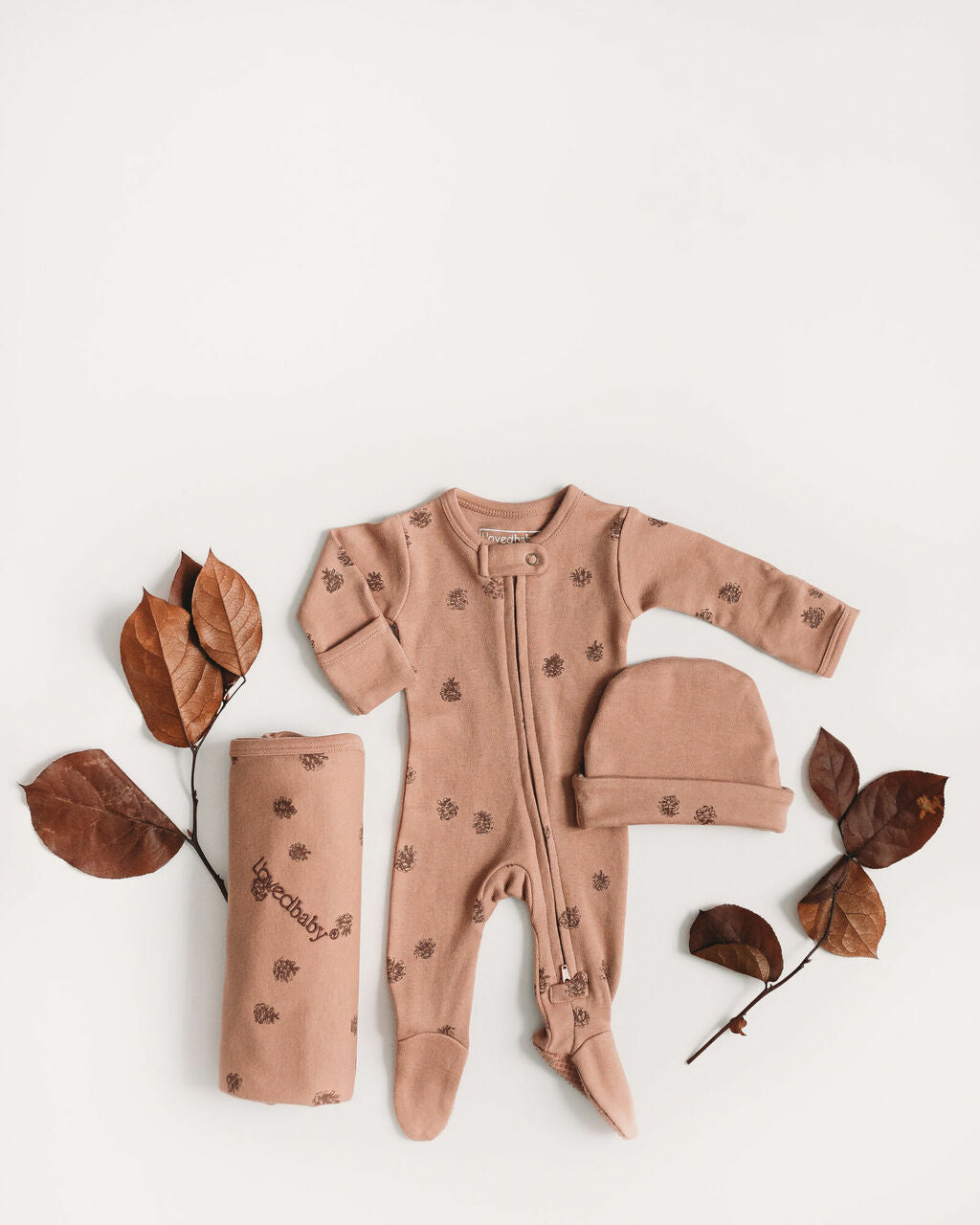 Nutmeg Pinecone - Organic Embroidered Zipper Footie