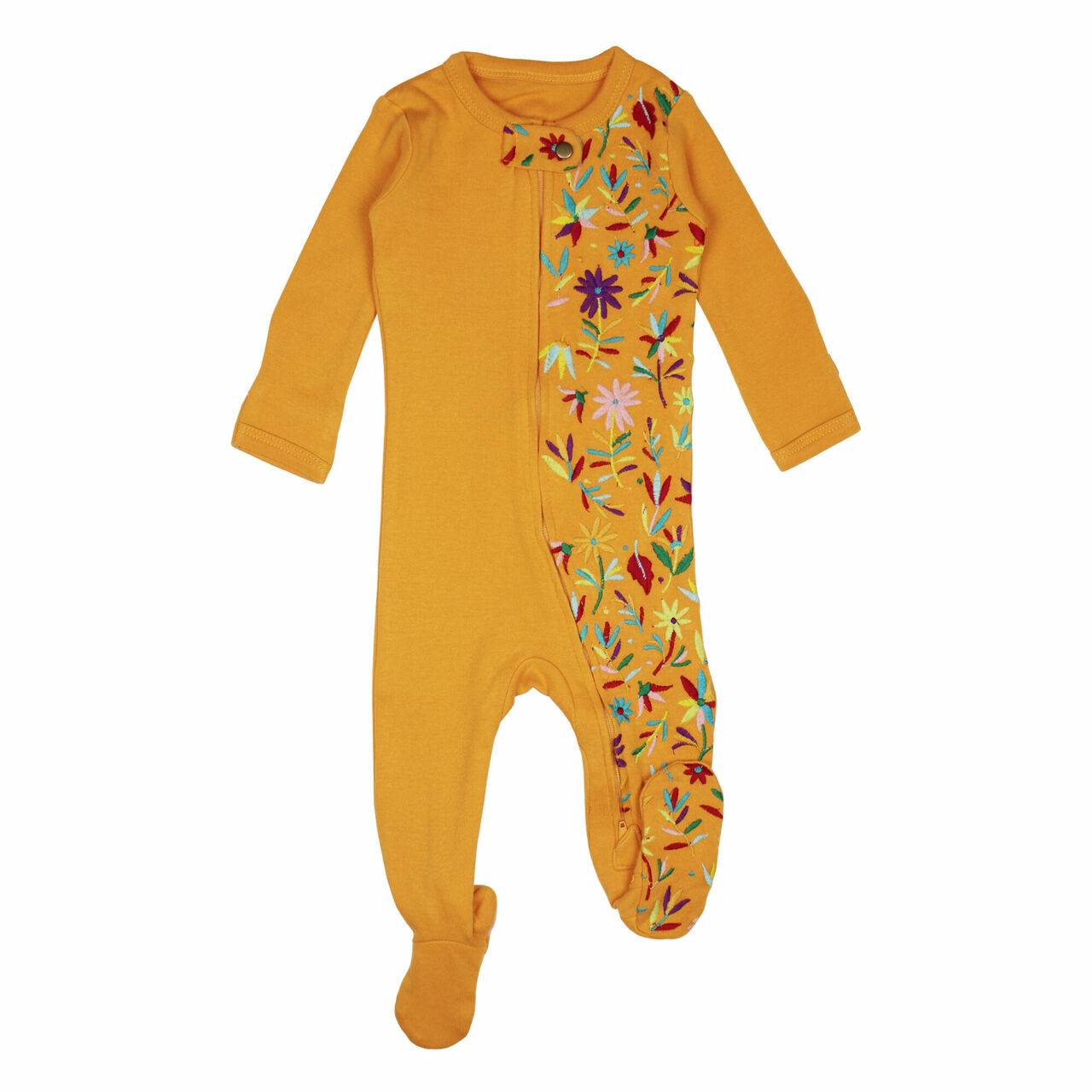 Tangerine Floral - Organic Embroidered Zipper Footie