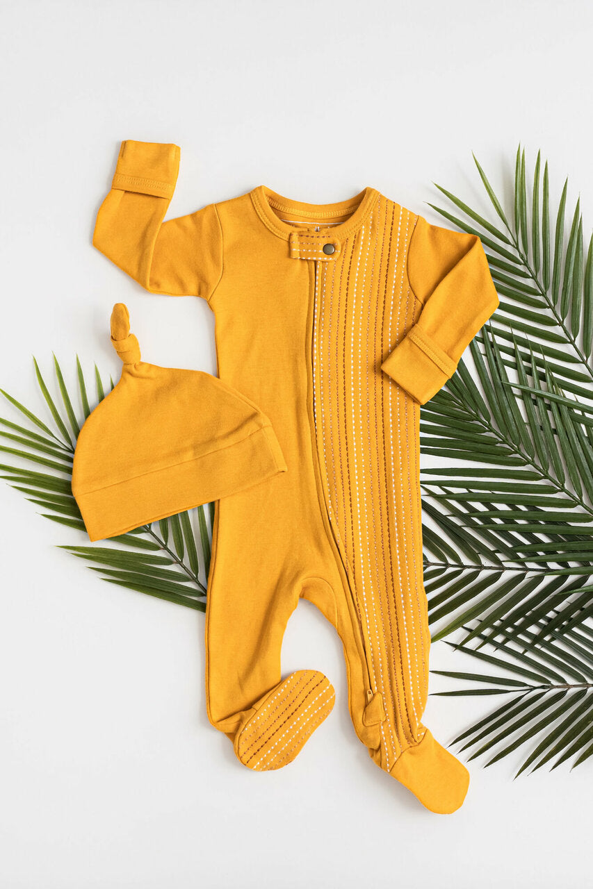 Tangerine Dash - Organic Embroidered Zipper Footie