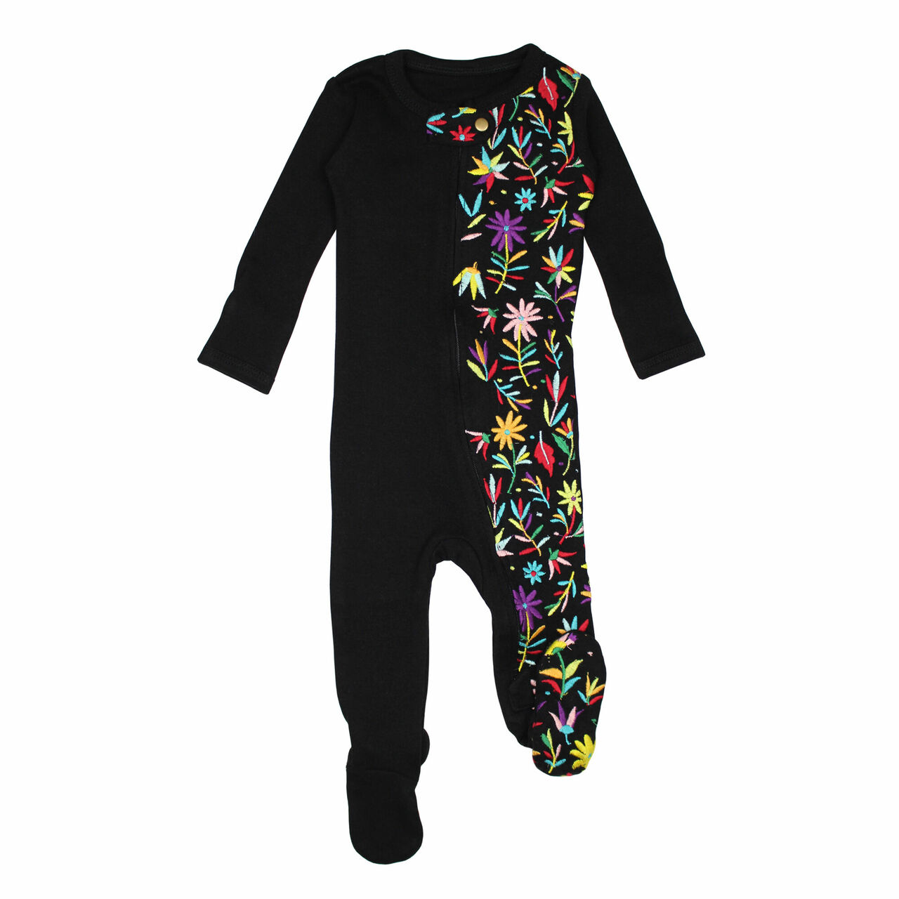 Black Floral - Organic Embroidered Zipper Footie