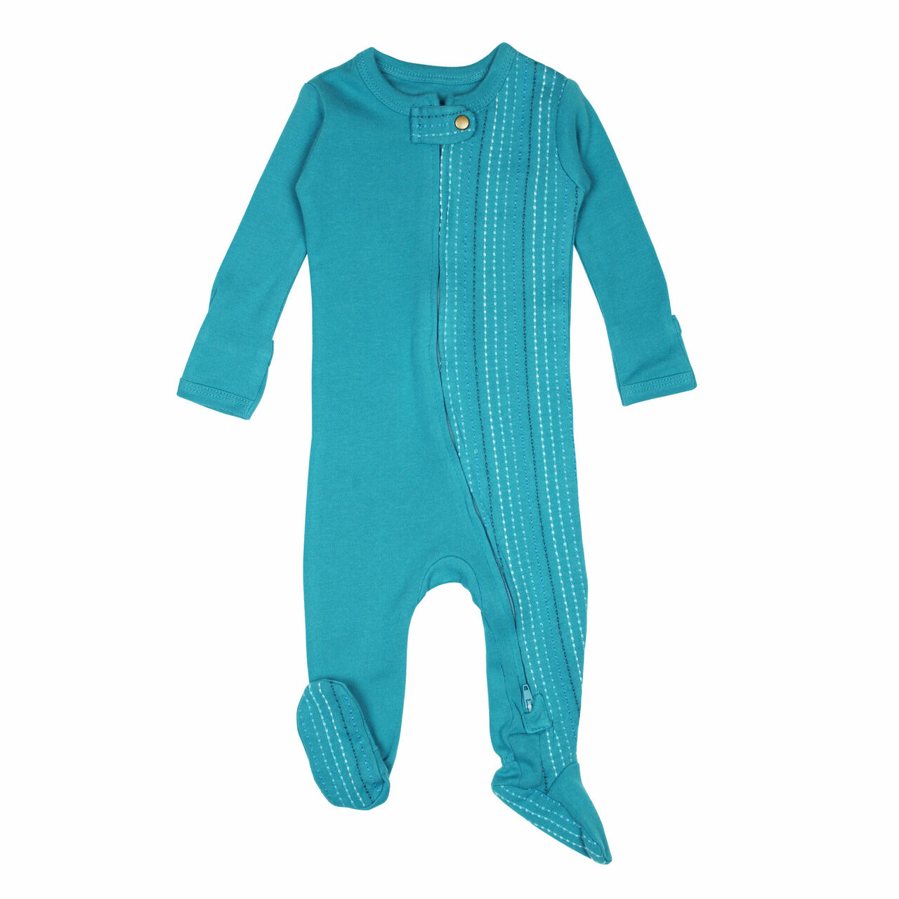 Teal Dash - Organic Embroidered Zipper Footie