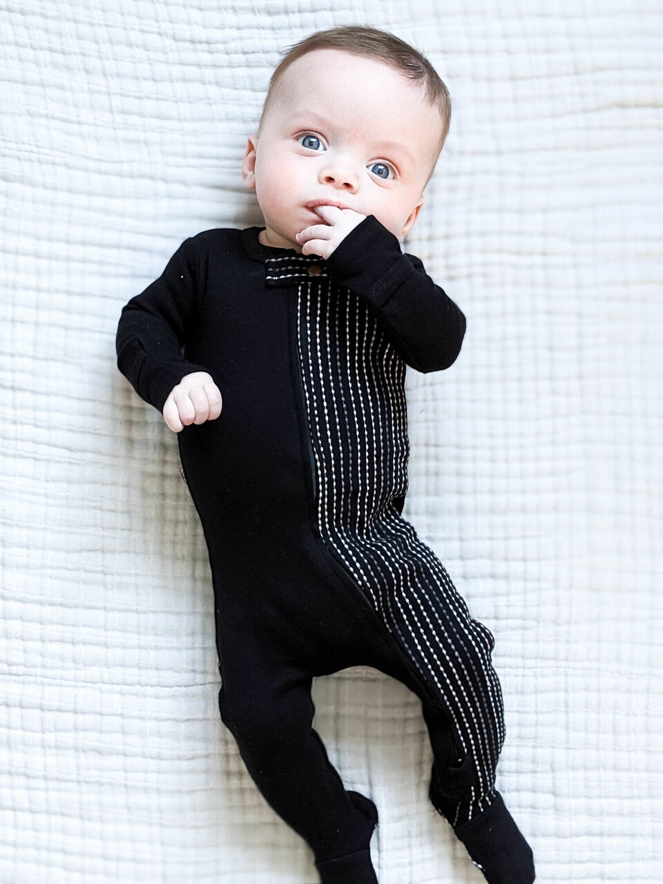 Black Dash - Organic Embroidered Zipper Footie
