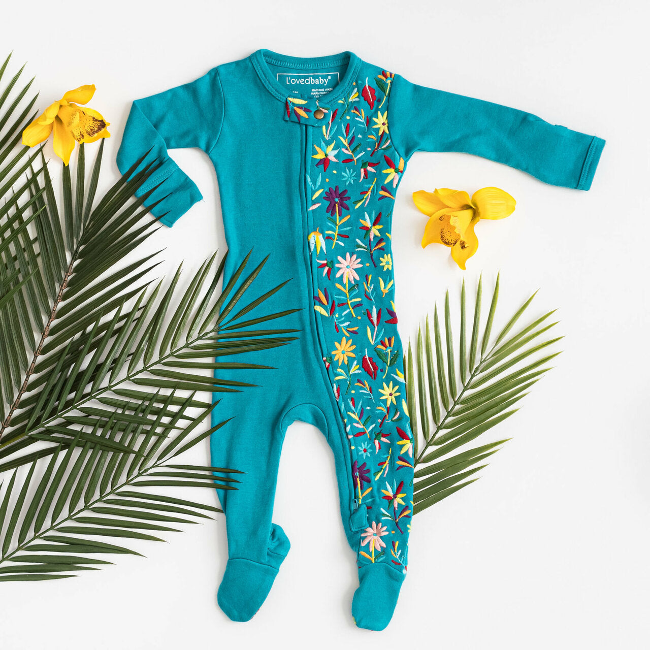 Teal Floral - Organic Embroidered Zipper Footie