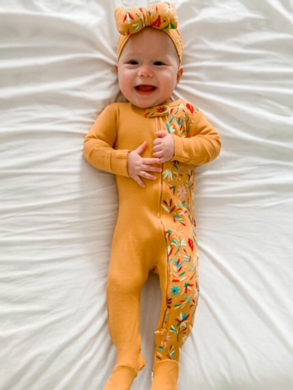 Tangerine Floral - Organic Embroidered Zipper Footie