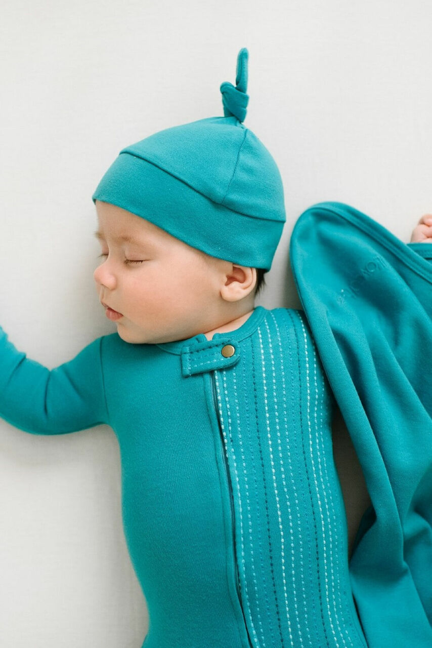 Teal Dash - Organic Embroidered Zipper Footie