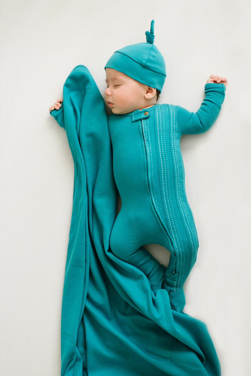 Teal Dash - Organic Embroidered Zipper Footie