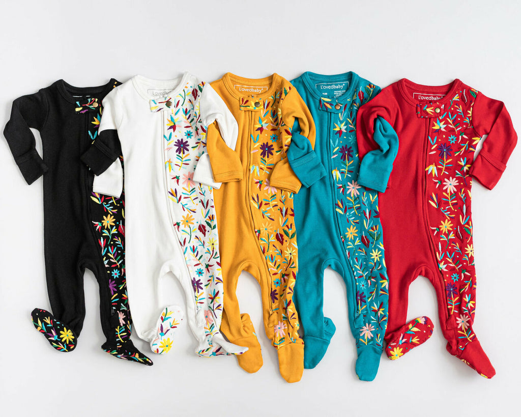 Teal Floral - Organic Embroidered Zipper Footie