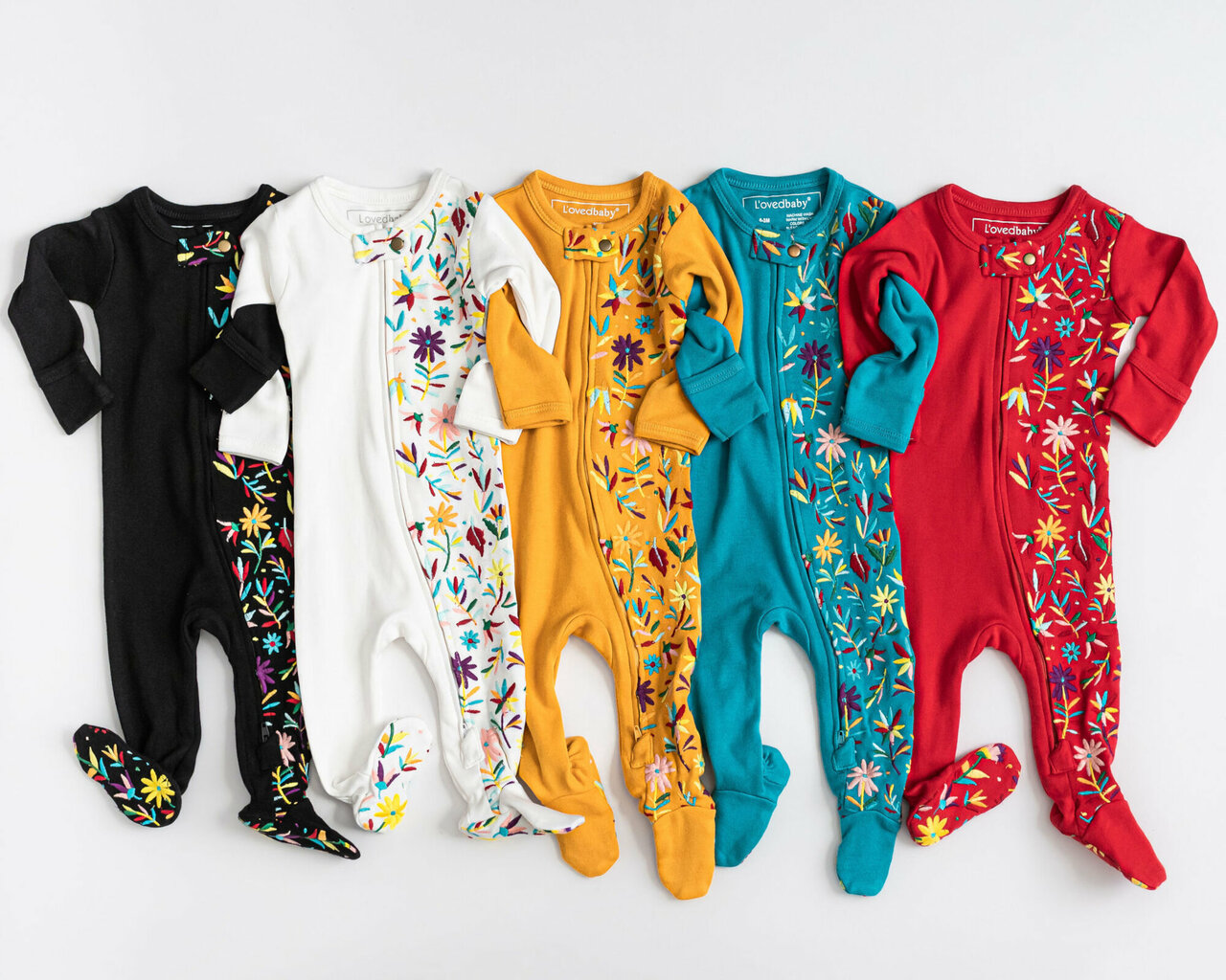 Teal Floral - Organic Embroidered Zipper Footie