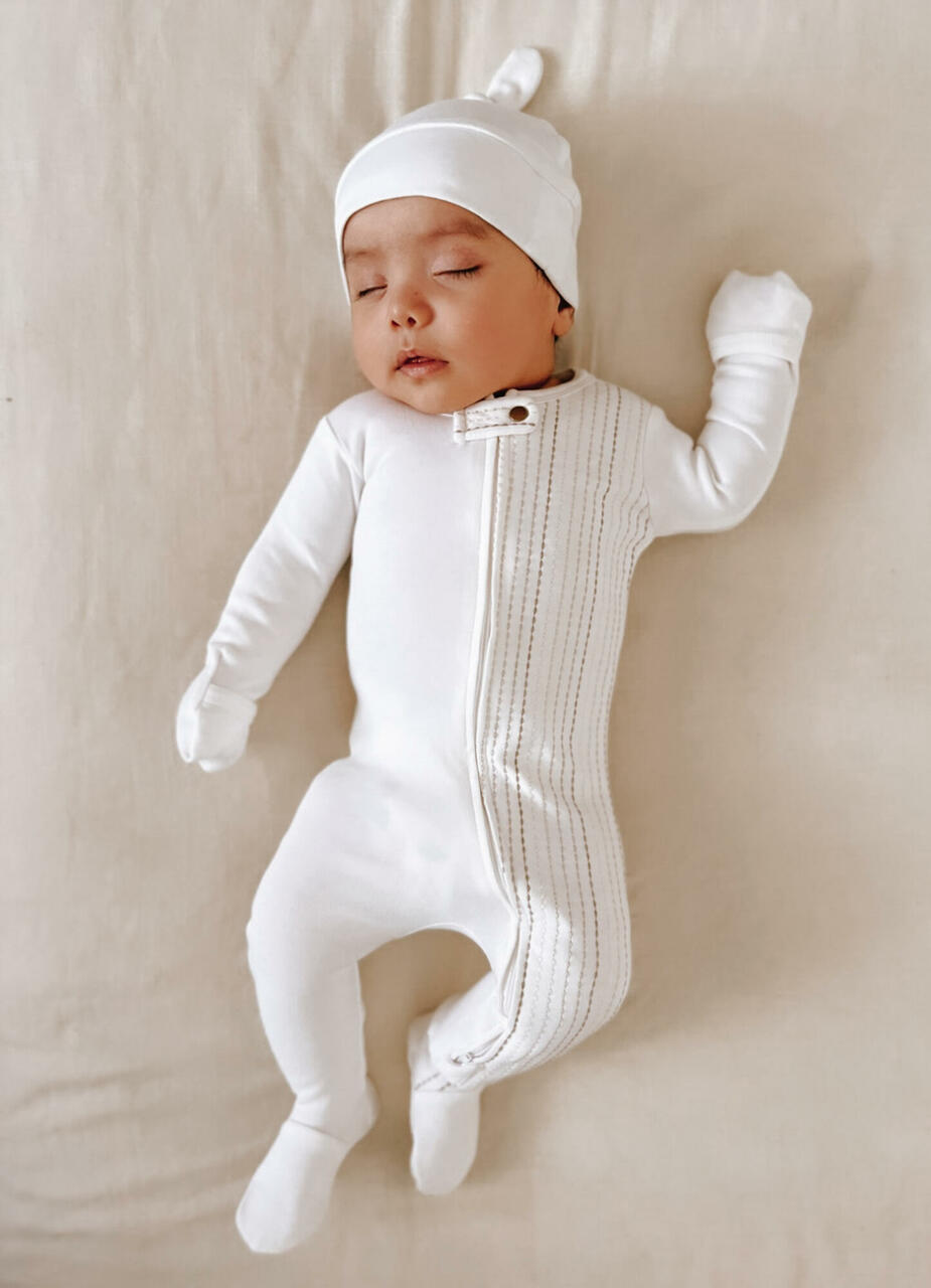 White Dash - Organic Embroidered Zipper Footie