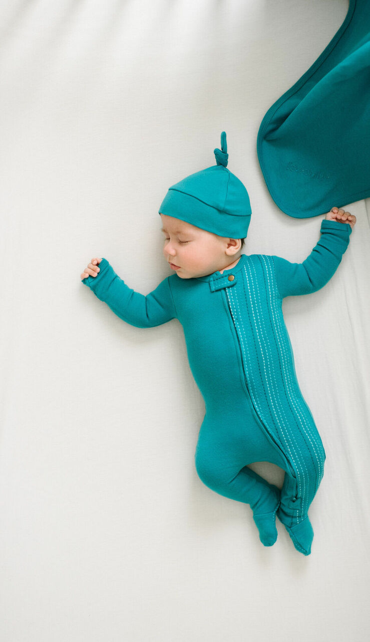 Teal Dash - Organic Embroidered Zipper Footie