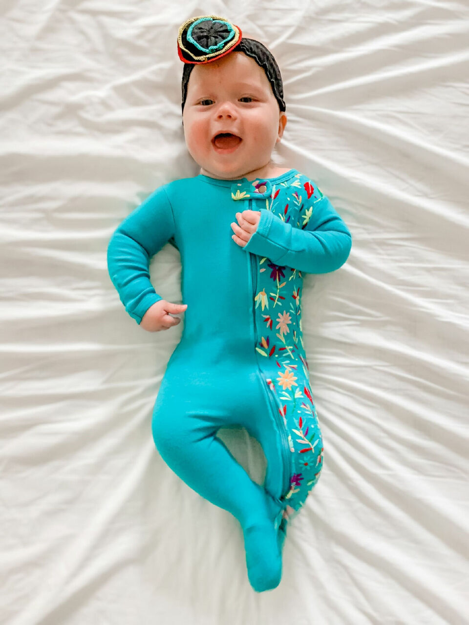 Teal Floral - Organic Embroidered Zipper Footie
