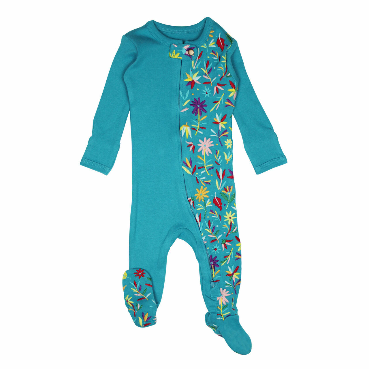 Teal Floral - Organic Embroidered Zipper Footie