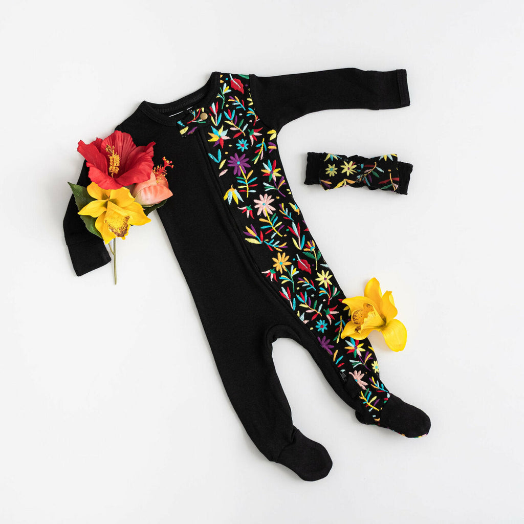 Black Floral - Organic Embroidered Zipper Footie
