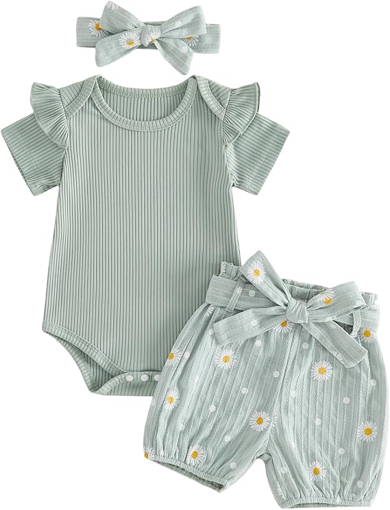 Baby Girl 3-Piece Set — Sage Ribbed Daisy